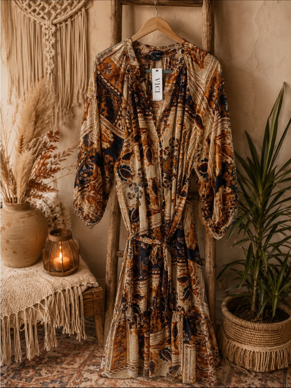 VICI Paisley & Floral Tie-Waist Maxi Dress in Brown and Cream
